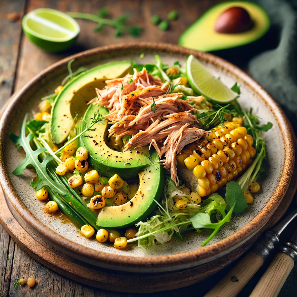 Gegrilde Maïs- en Avocadosalade met Pulled Chicken