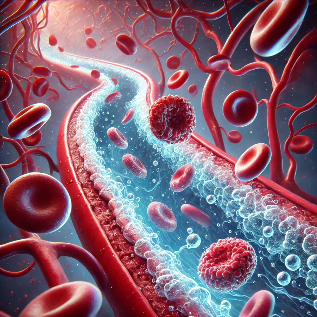 Een gedetailleerde illustratie van een bloedvat toont rode bloedcellen en witte bloedcellen die door vloeibaar plasma stromen, met vertakkende haarvaten en een levendig, gloeiend effect dat de beweging in het bloedvat benadrukt.