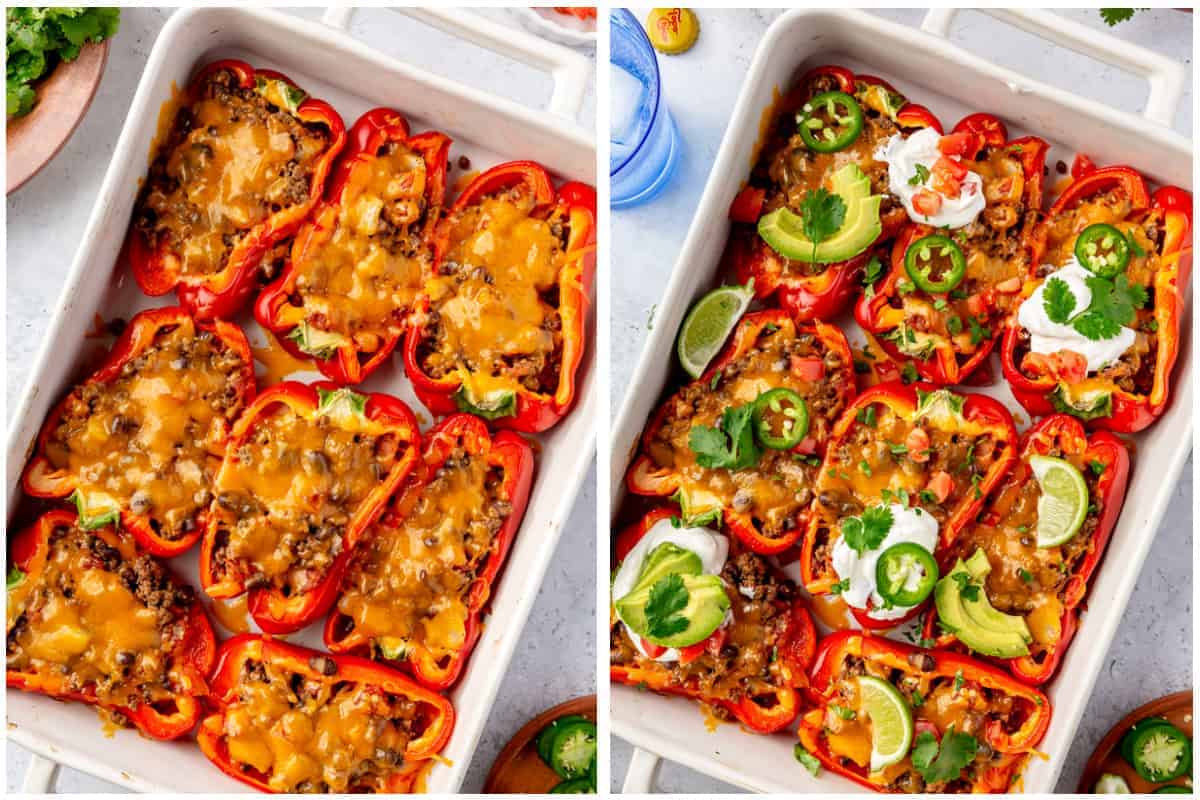 Een vergelijking van gevulde rode paprika's naast elkaar in een ovenschaal: links bedekt met gesmolten kaas; rechts gegarneerd met avocado, jalapeñoplakjes, partjes limoen, zure room en verse koriander.
