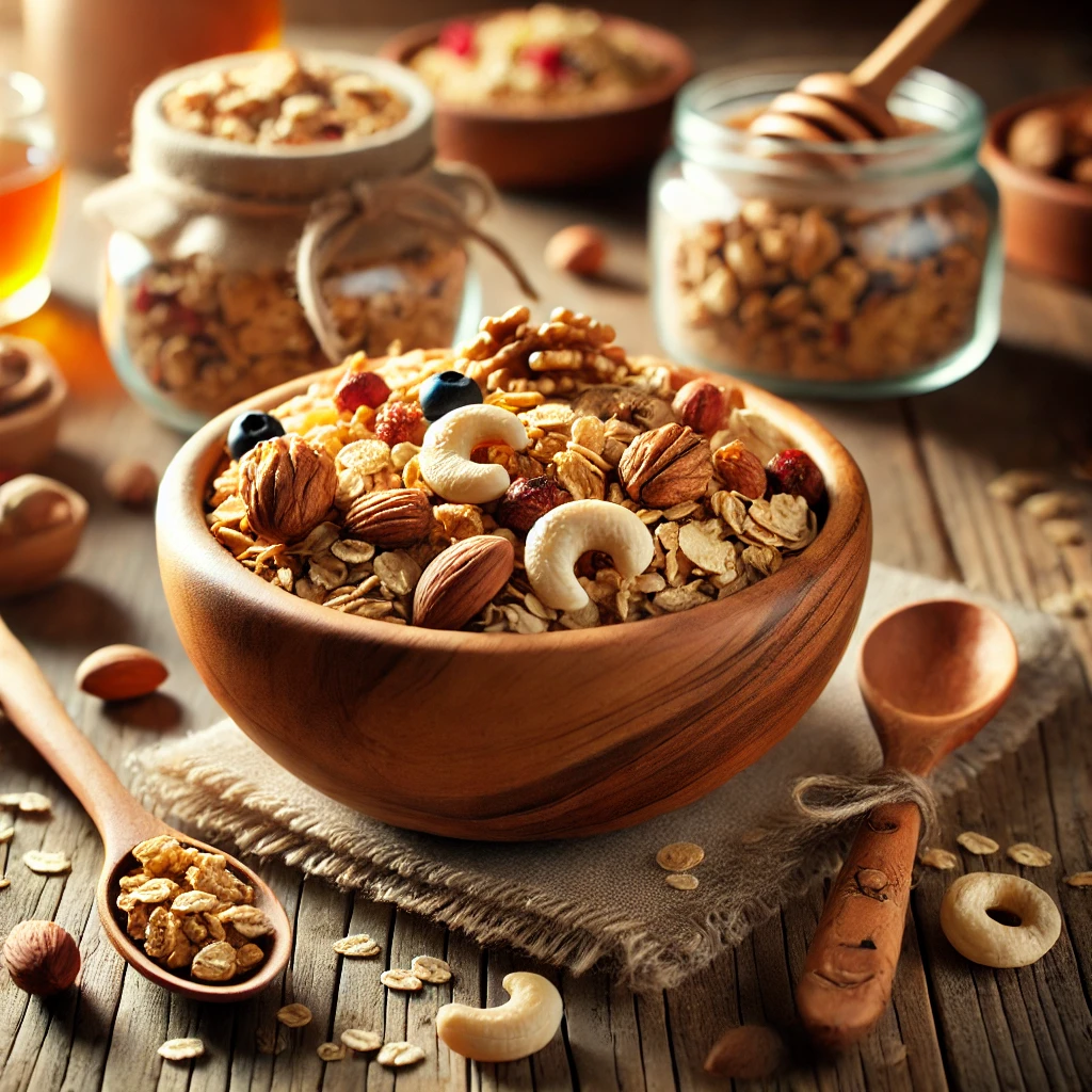 Zelfgemaakte zoutarme granola met noten