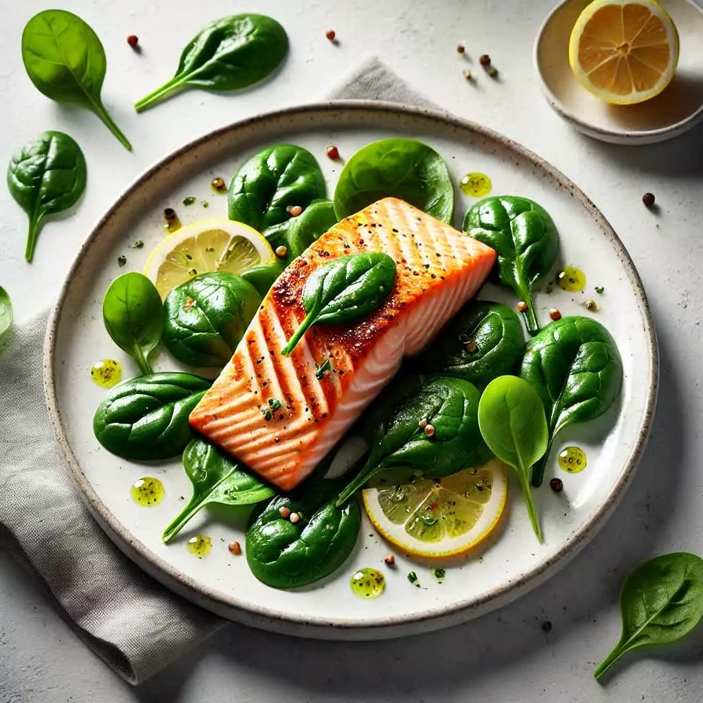 Gegrilde Zalm op een Bedje van Spinazie en Citrusdressing