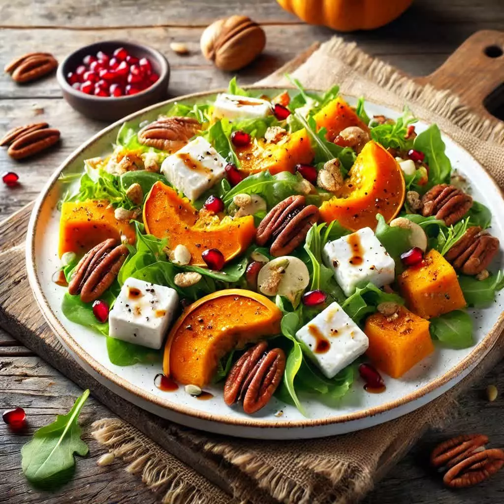 Geroosterde Pompoensalade met Geitenkaas en Pecannoten