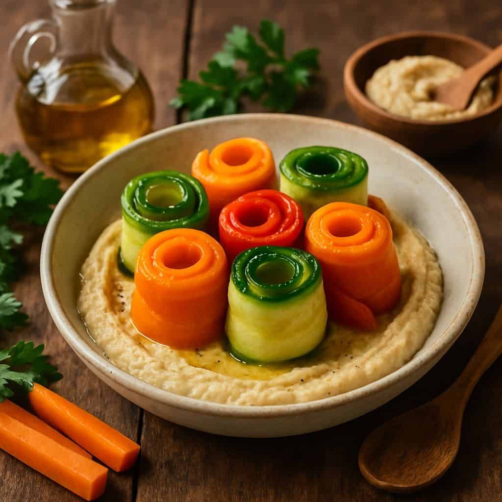 Gestoomde groentenrolletjes met hummus