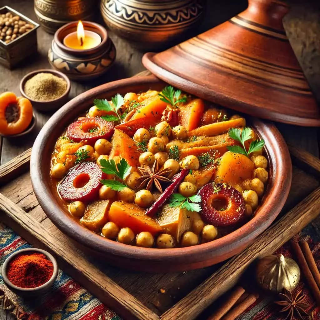 Marokkaanse tajine met kikkererwten en abrikozen