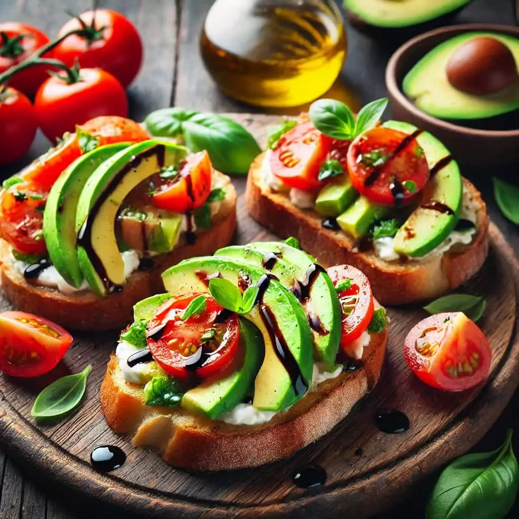 Bruchetta’s met Avocado, Tomaat en Balsamico