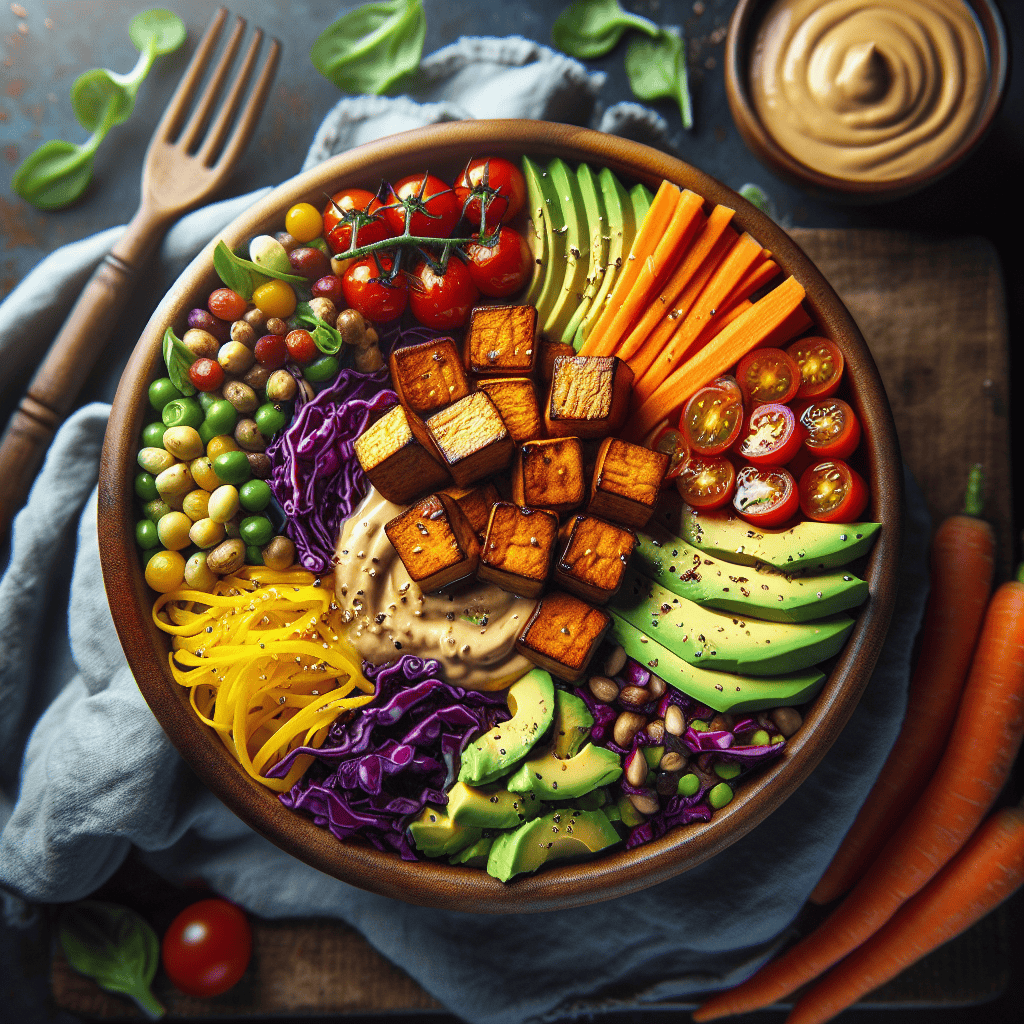Een kleurrijke veganistische Buddha bowl met blokjes tofu, avocado, cherrytomaatjes, wortelsticks, rode kool, erwten en gespiraliseerde gele groenten, geserveerd met een romige saus en bestrooid met zaden.