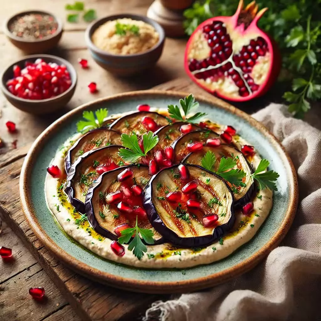 Geroosterde aubergine met hummus en granaatappelpitjes