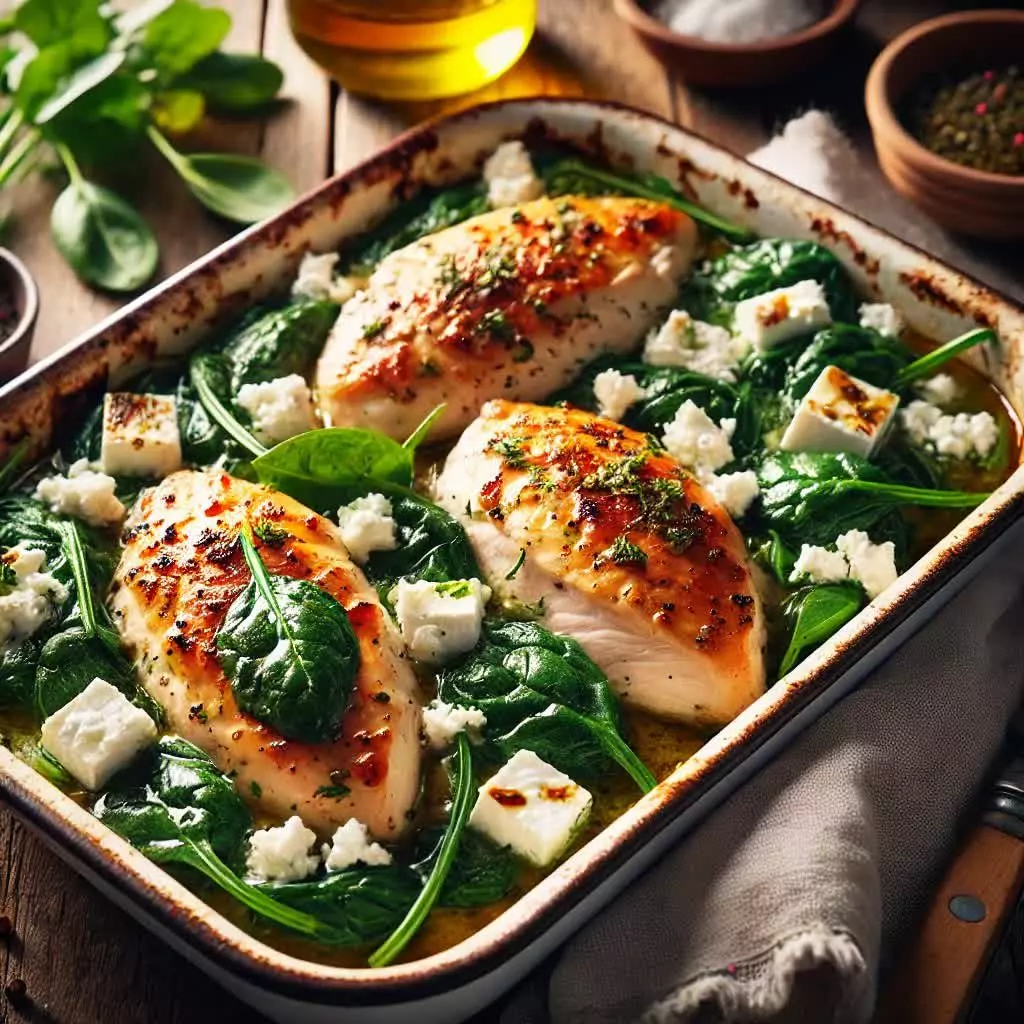 Kipfilet uit de oven met feta en spinazie
