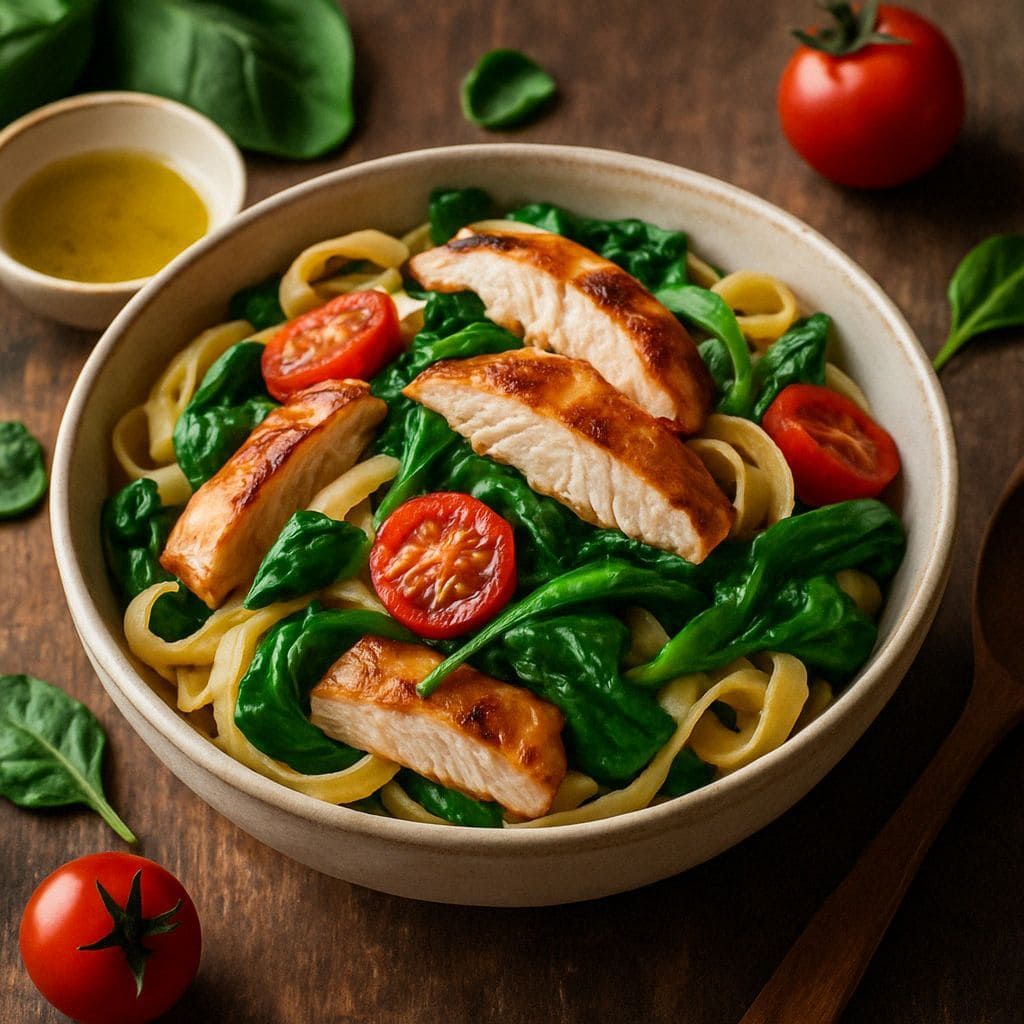 Pasta met gegrilde kip en spinazie