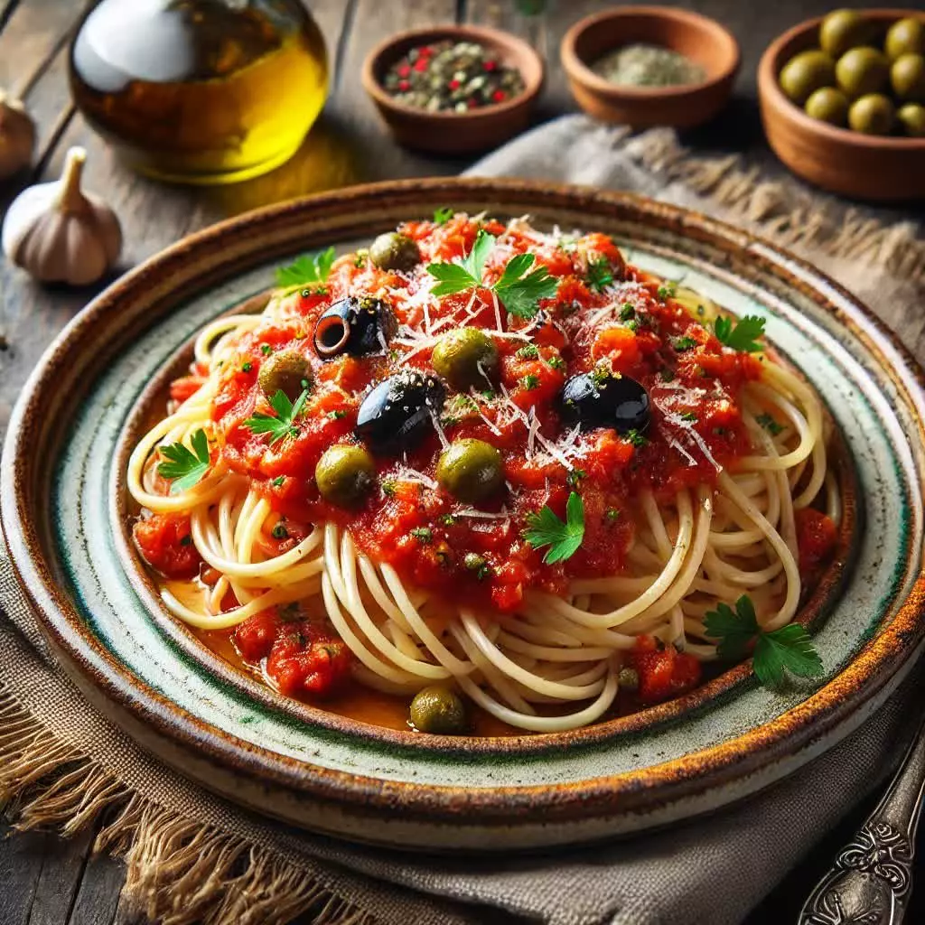 Pasta Puttanesca met Olijven en Kappertjes
