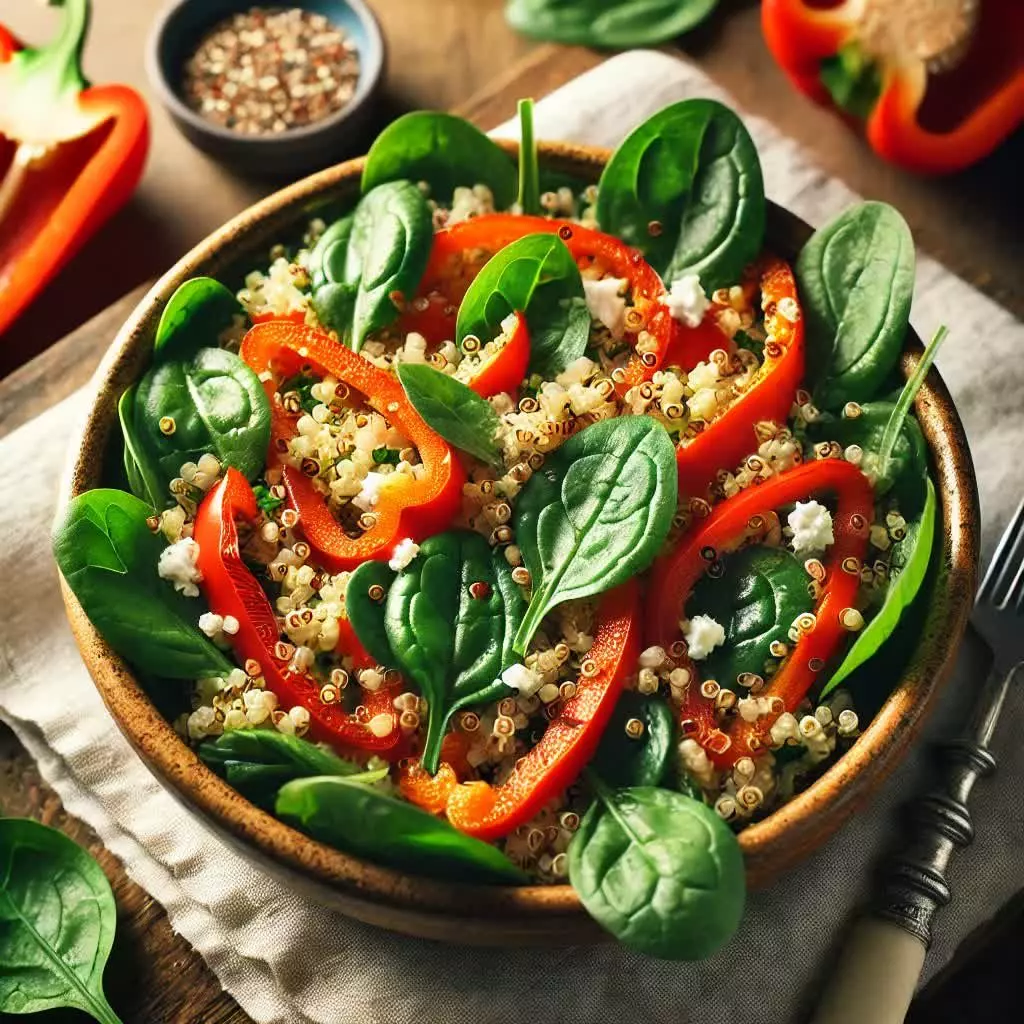 Quinoasalade met geroosterde paprika en spinazie