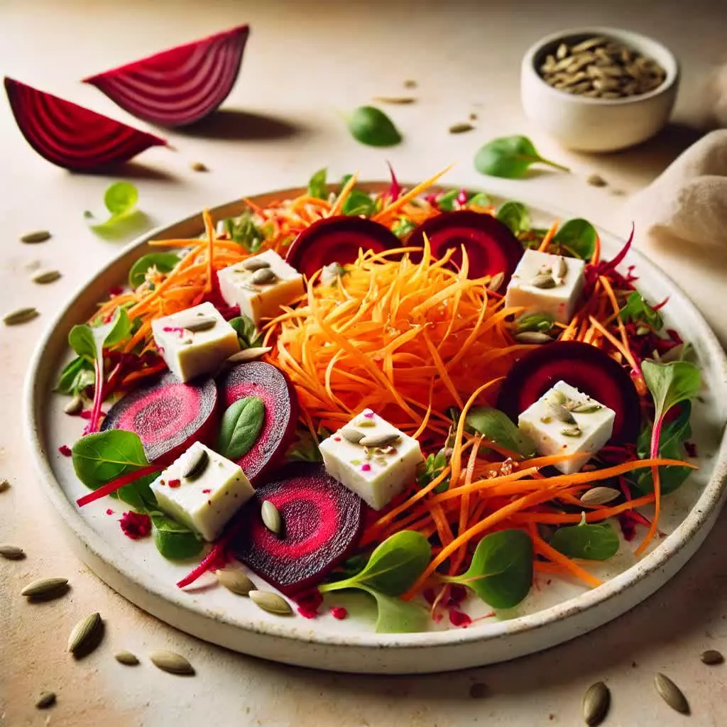 Regenboogsalade met Wortel, Rode Biet en Vegan Fetastukjes