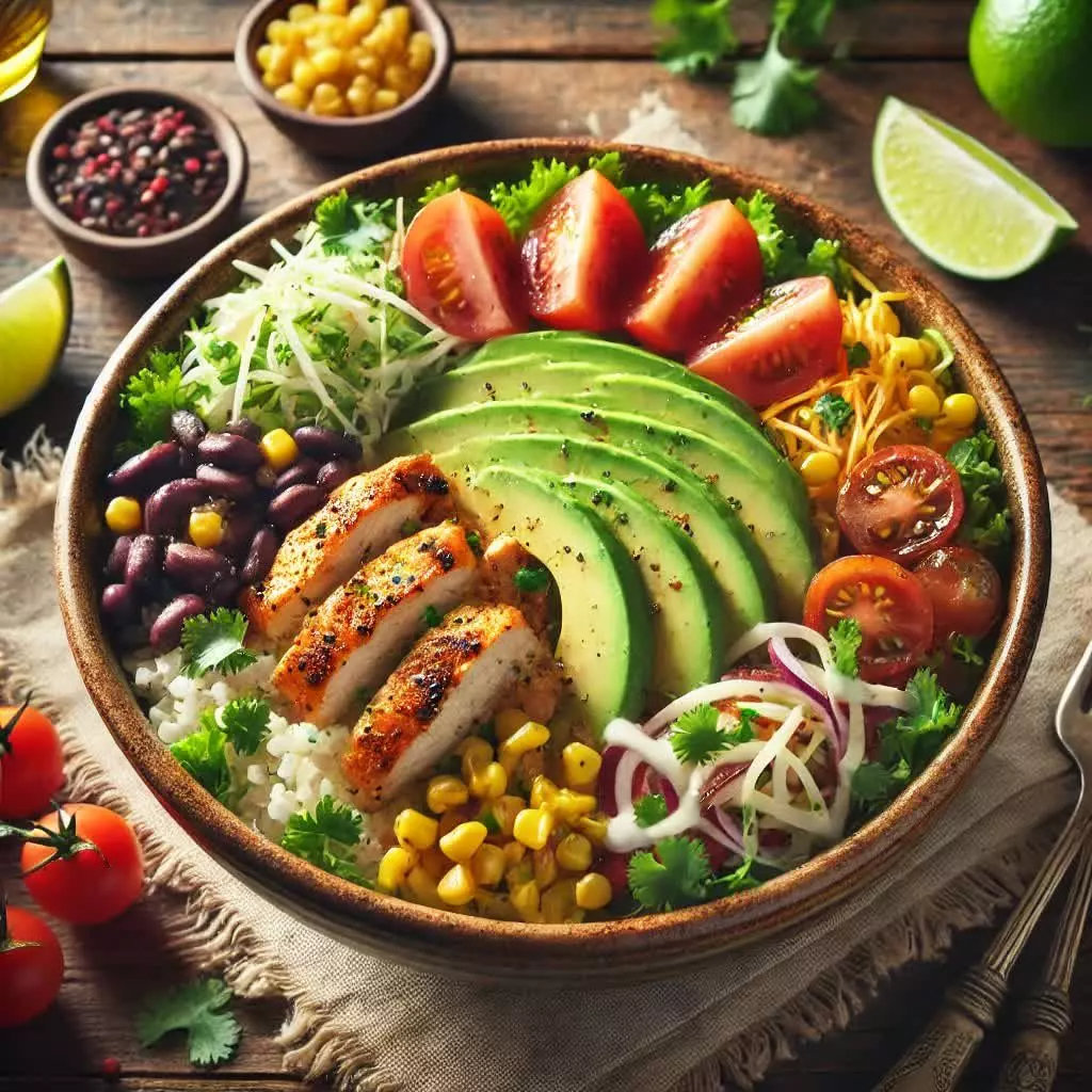 Taco Bowl met bloemkoolrijst, kip en avocado