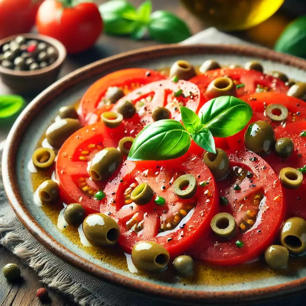 Tomatensalade met kappertjes en olijven
