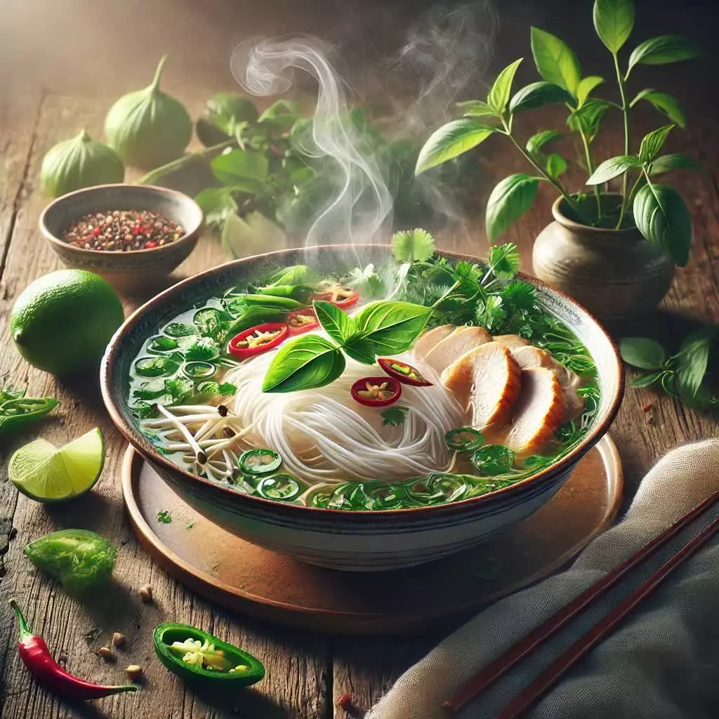 Vietnamese pho met kip en kruiden