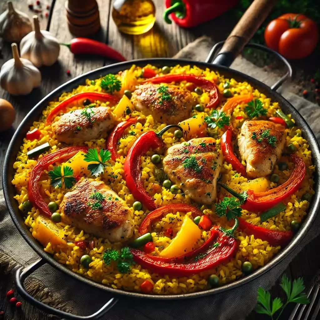 Zoutarme paella met kip en paprika