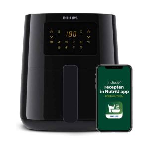 Een zwarte Philips Airfryer Essential Series - HD9252/90 toont 180°C op het digitale scherm, naast een smartphone met een groen scherm met "Inclusief recepten in NutriU app" en het Philips-logo.