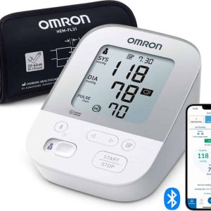 OMRON X4 Smart Bloeddrukmeter Bovenarm met manchet, digitaal display (SYS 118, DIA 78, PULSE 70) en smartphone synchronisatie via Bluetooth toont je bloeddrukgegevens.