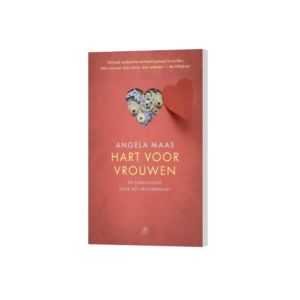 Het product is "Boek - Hart voor Vrouwen: De Cardioloog over het Vrouwenhart", een rood boek van Angela Maas met een hartvormige uitsnede op de omslag waarop uurwerken te zien zijn die het hart symboliseren.
