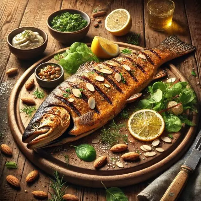 Gegrilde forel met amandelschaafsel